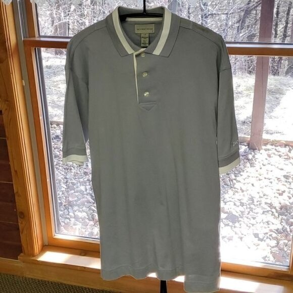 Cutter & Buck Embroidered Sleeve "Absolut" Button Grey Cream SS Polo Sz L Shirt - Picture 2 of 14